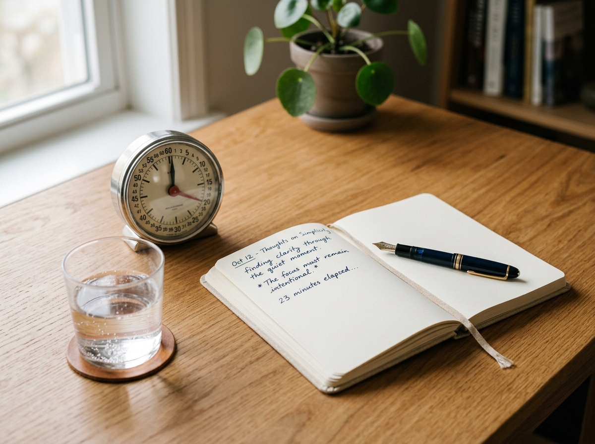 Analog timer and notebook on clean wooden desk