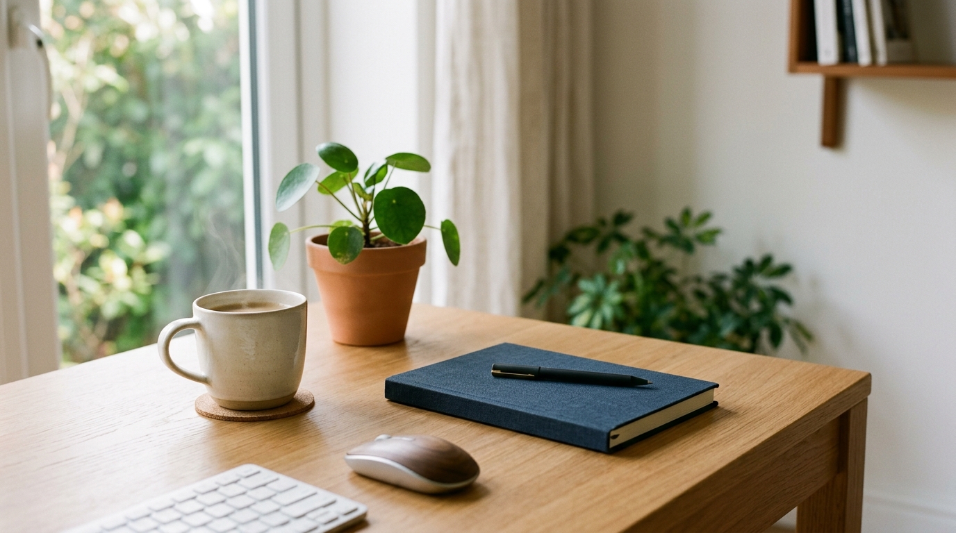 Minimalist desk workspace with soft morning natural light pouring through a window