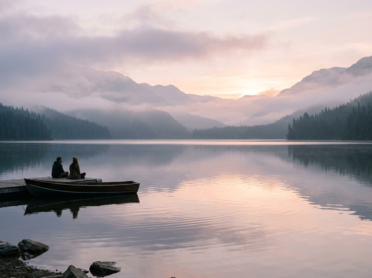 Misty calm nature lake at sunrise
