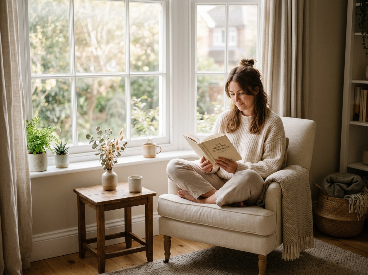 Person peacefully reading near a sunlit window